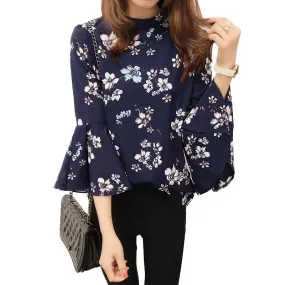 Autumn Floral Chiffon Flare Sleeve Shirt Blouse