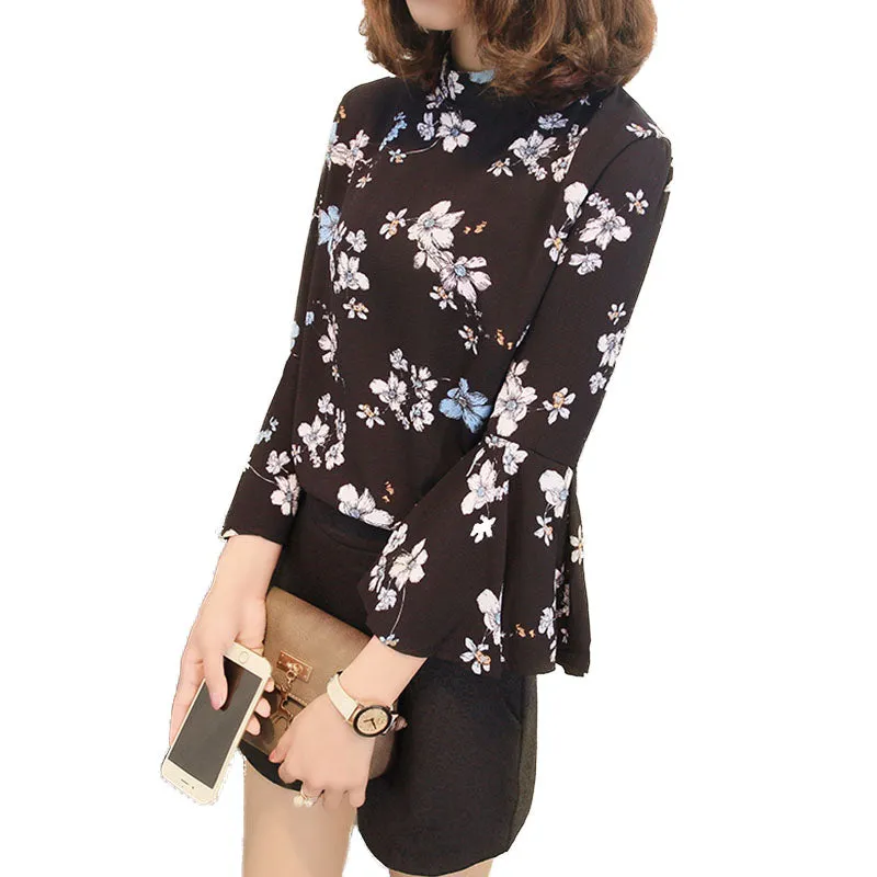 Autumn Floral Chiffon Flare Sleeve Shirt Blouse