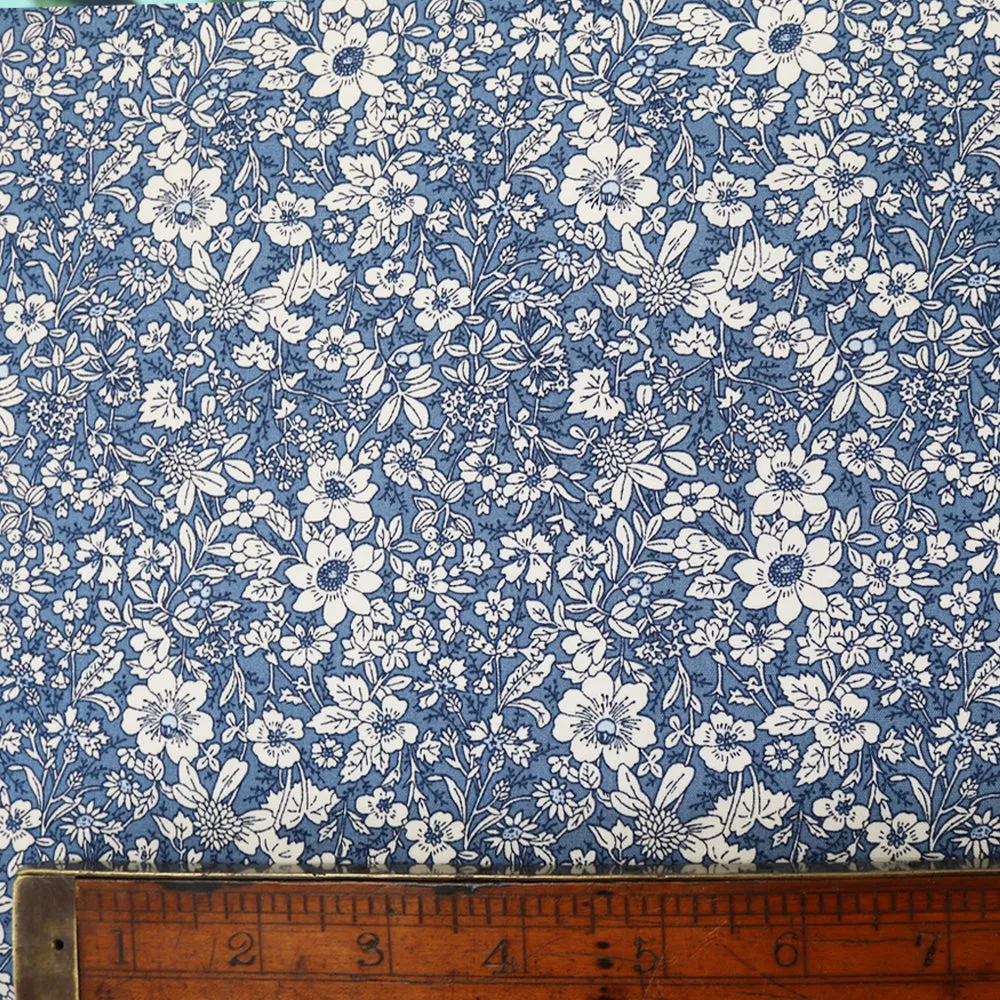 Autumn Flowers Cotton- Denim Blue