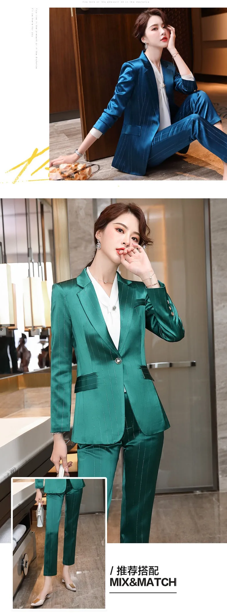 Autumn Notched Collar Office Work Professional Pant Suit for Women