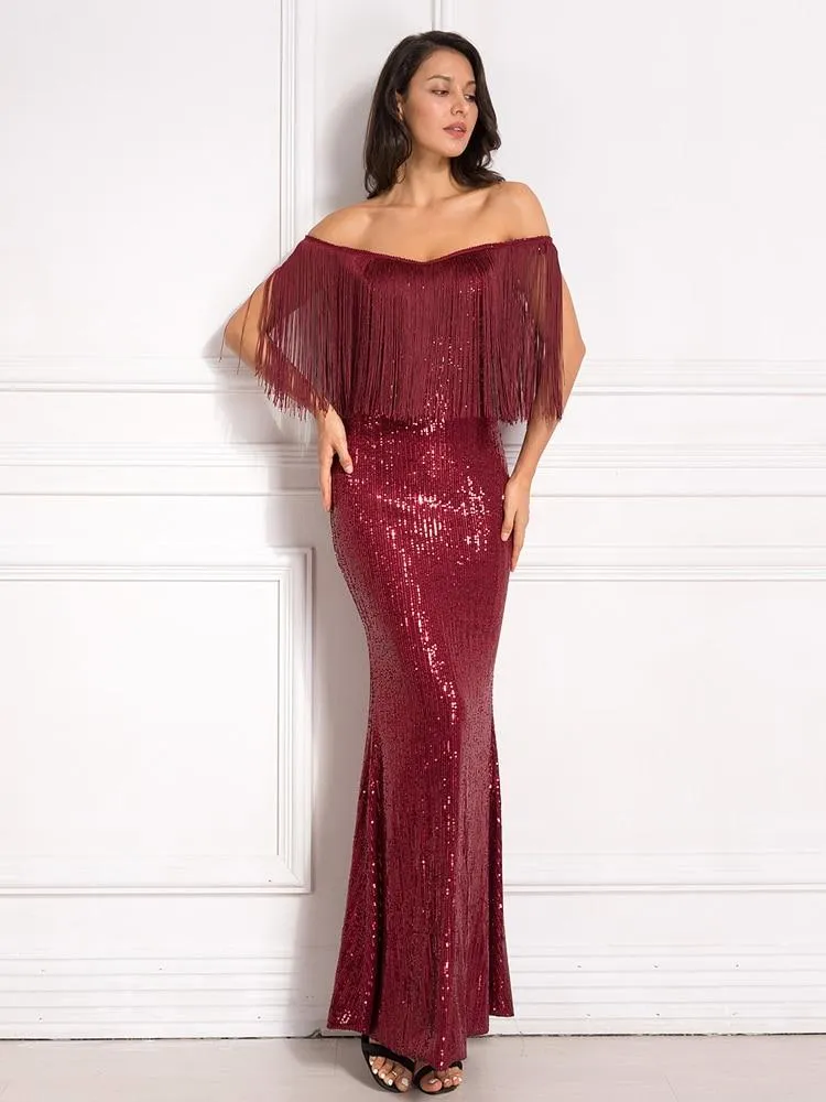 Autumn Off Shoulder Slash Neck Tassel Patchwork Sequined Party Maxi Dress