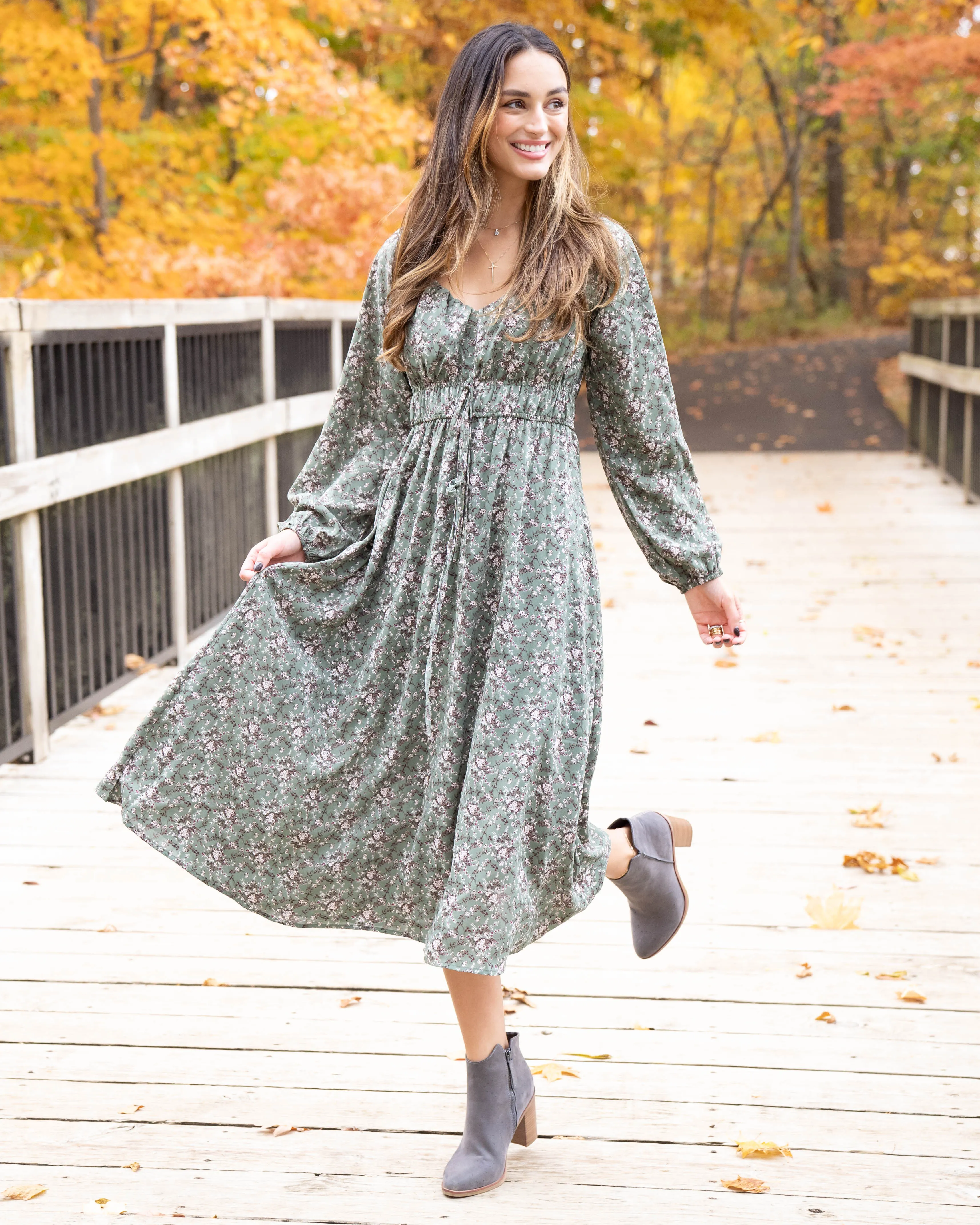 Autumn Outings Floral Dress - Sage