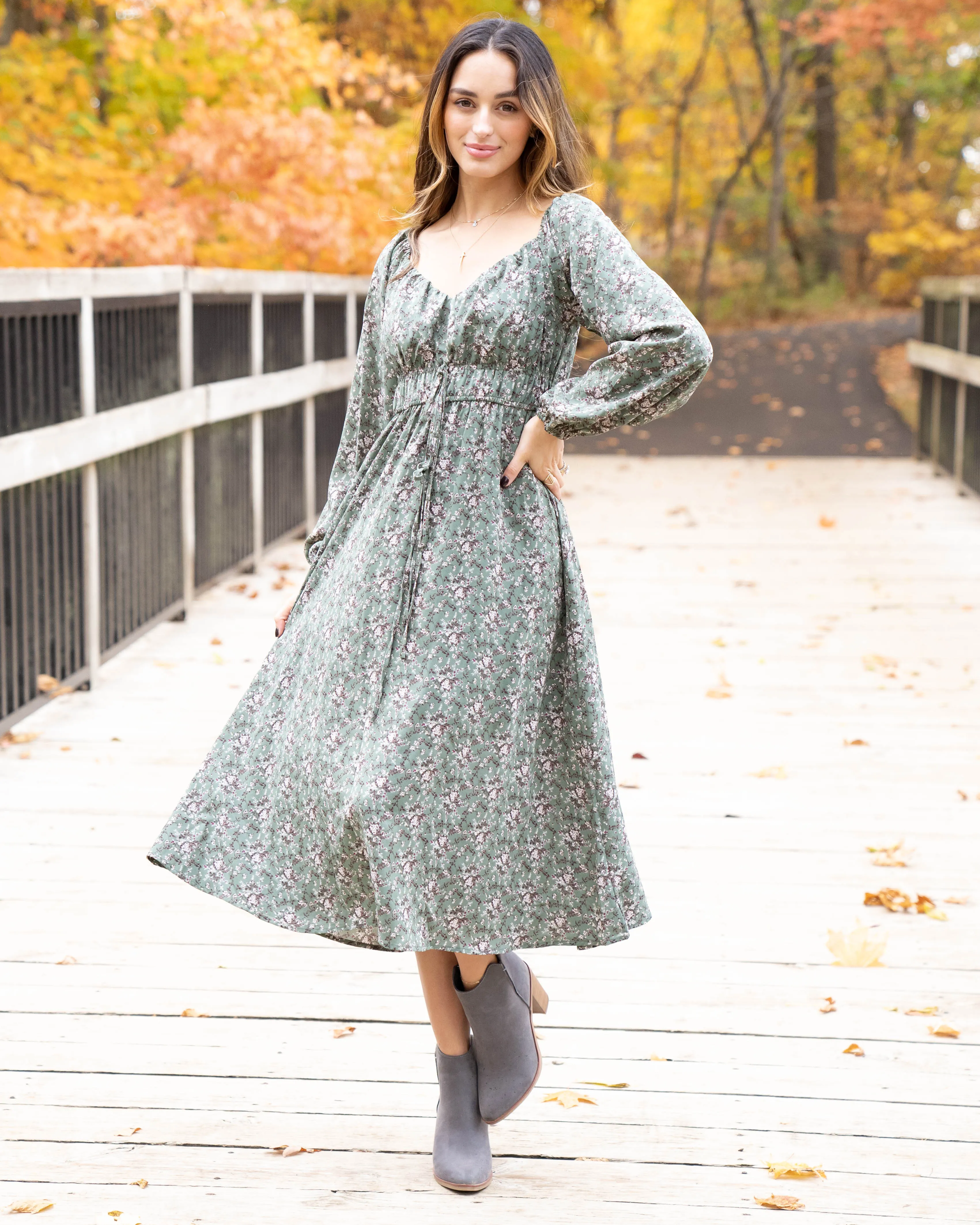 Autumn Outings Floral Dress - Sage