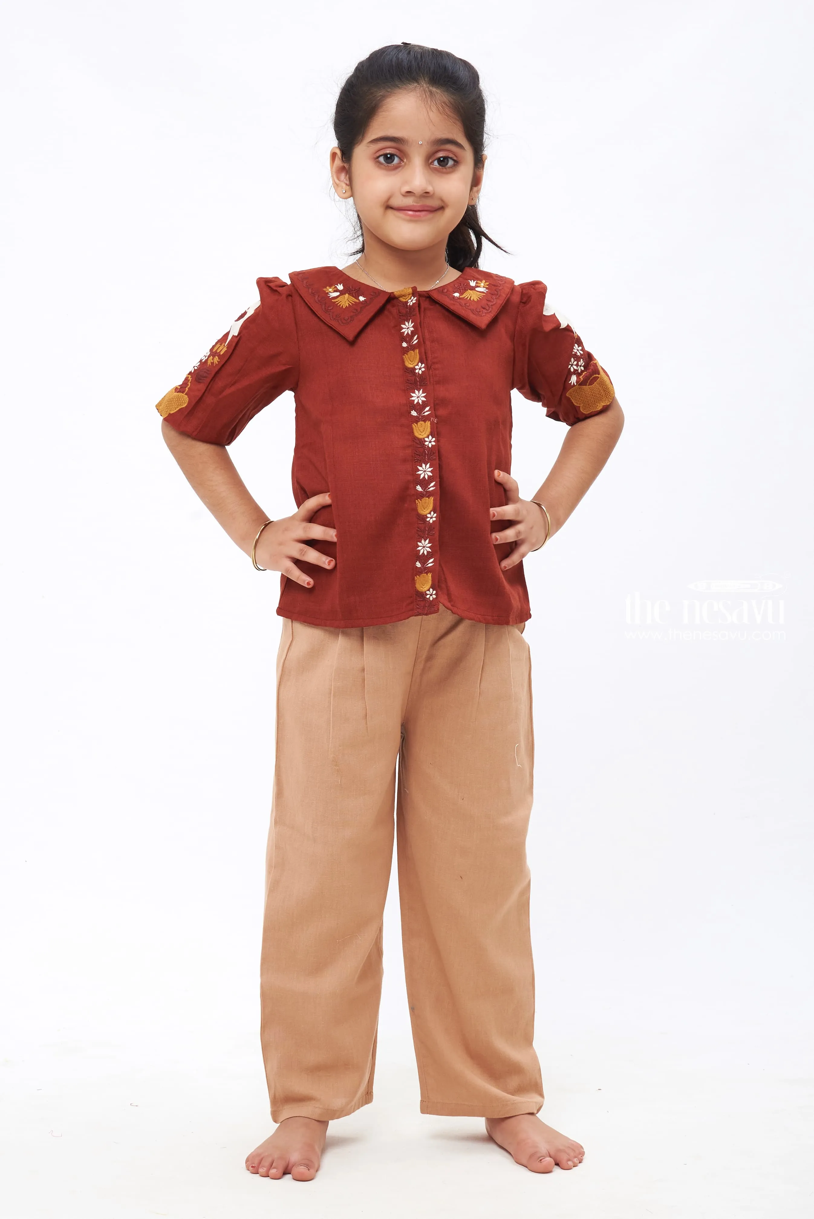 Autumn Reverie: Girls Maroon Embroidered Top & Soft Taupe Pants Set