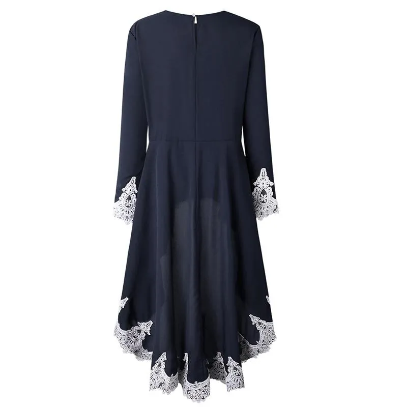 Autumn Women's Dovetail Patchwork Lace Long Sleeve Blusa Dress