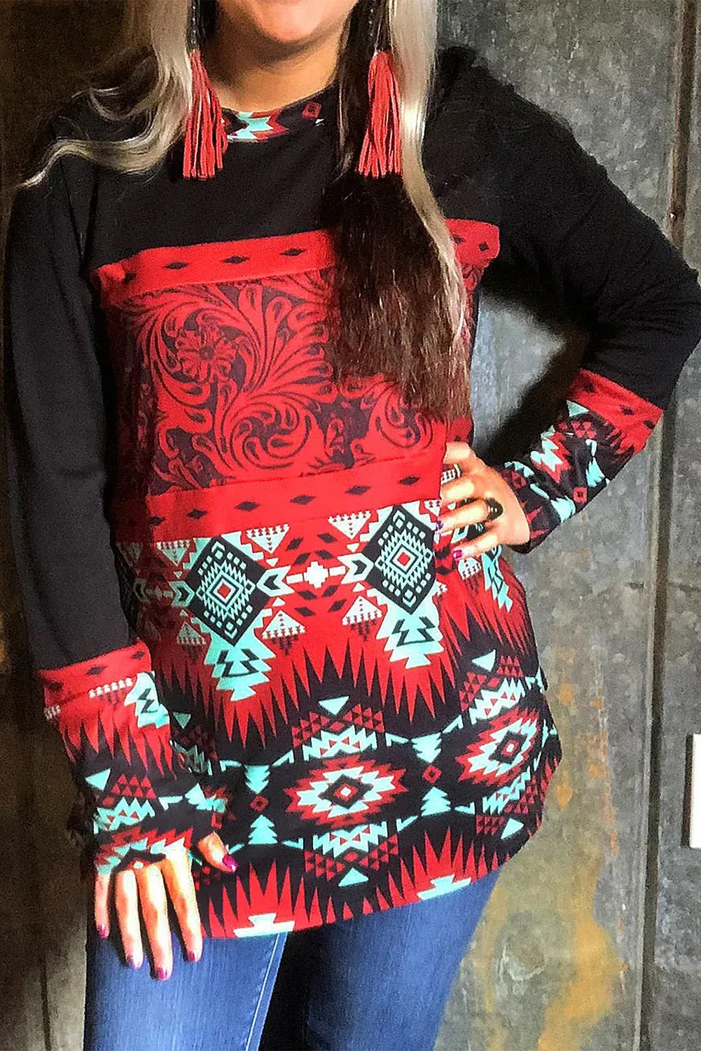 Black Aztec Print Pullover Sweatshirt