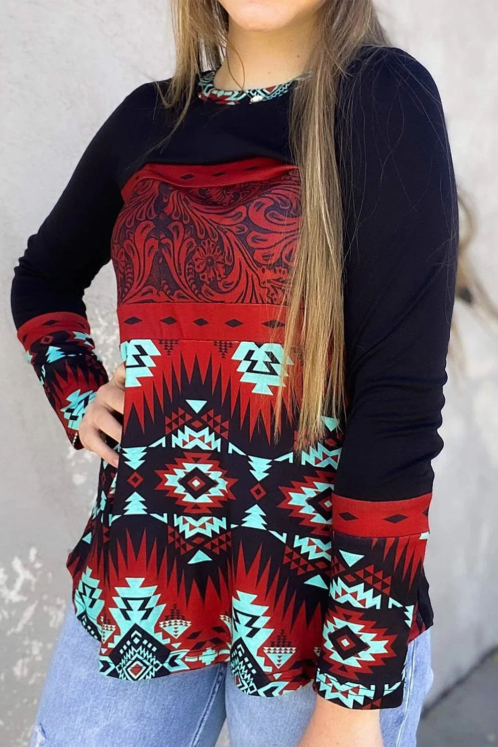 Black Aztec Print Pullover Sweatshirt