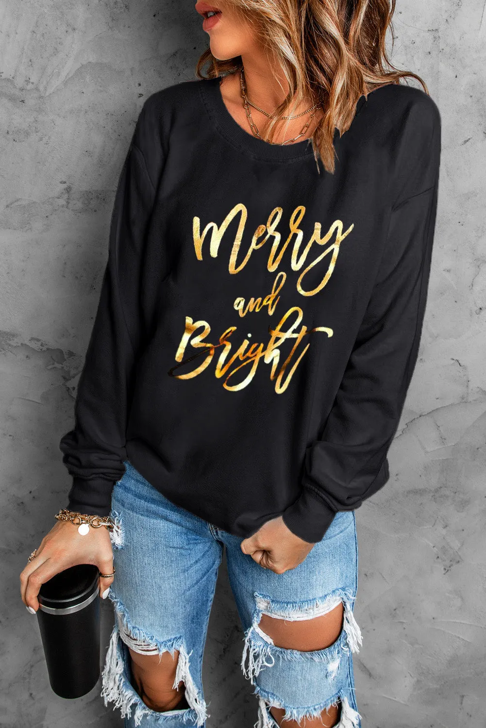 Black Christmas Text Print Pullover Sweatshirt