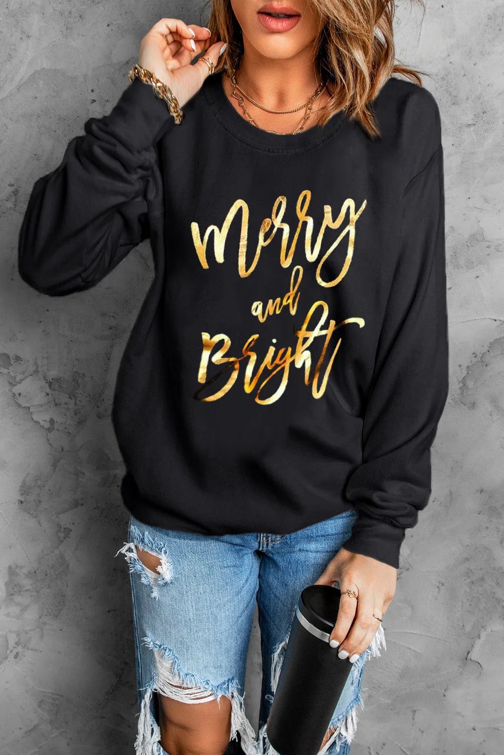 Black Christmas Text Print Pullover Sweatshirt