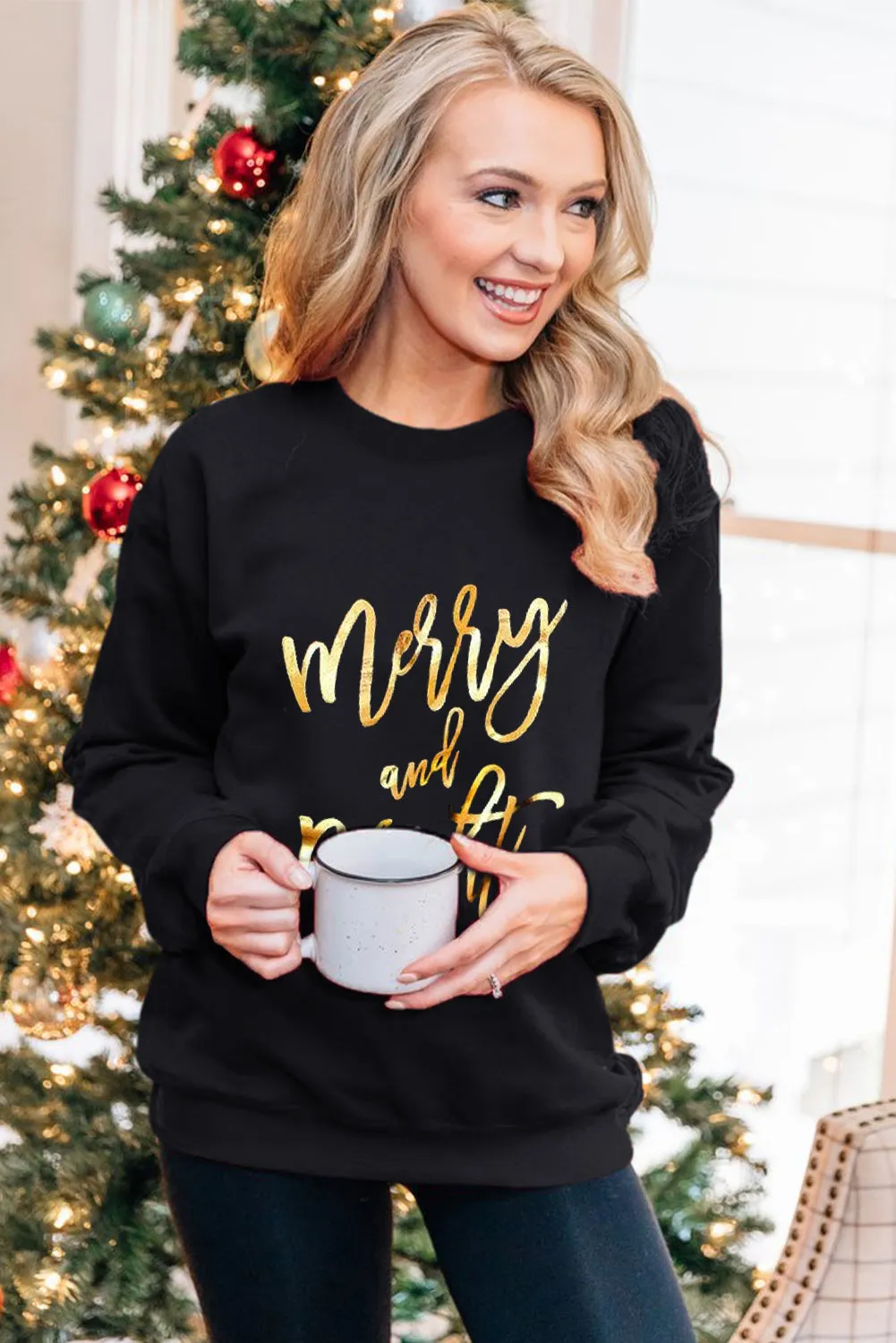 Black Christmas Text Print Pullover Sweatshirt