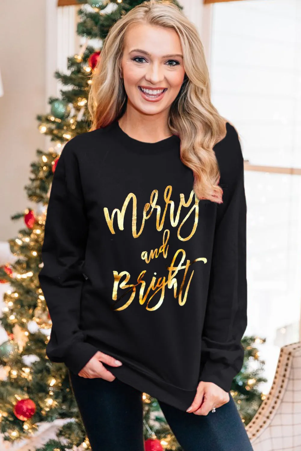 Black Christmas Text Print Pullover Sweatshirt