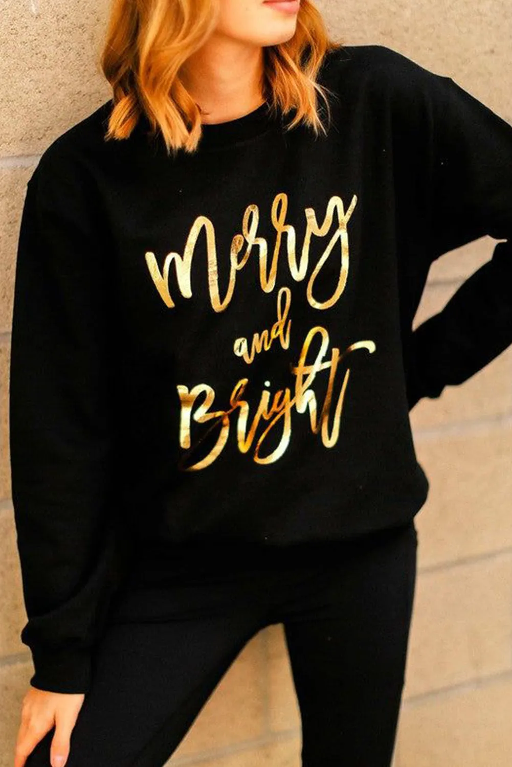 Black Christmas Text Print Pullover Sweatshirt