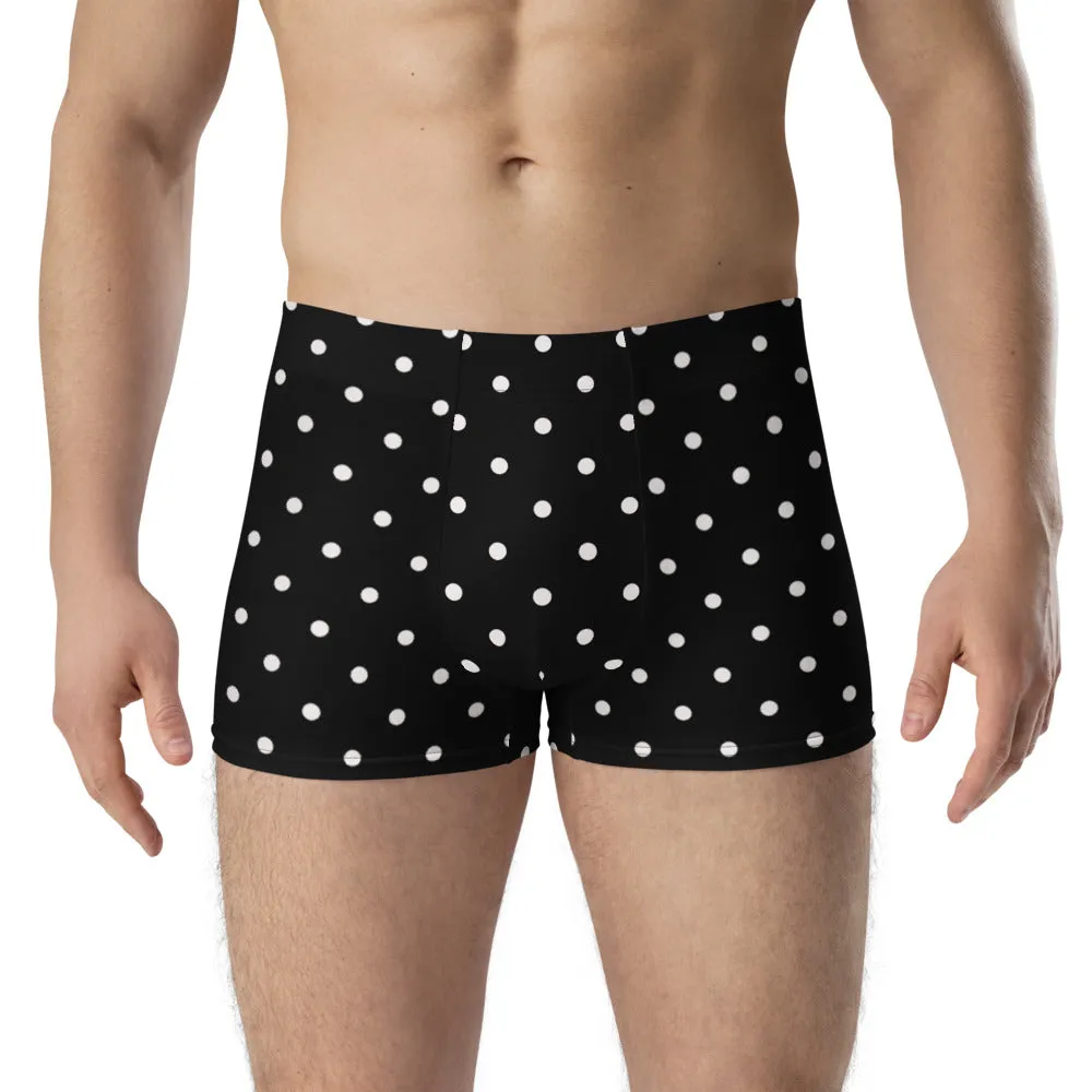 Black Polka Dots Boxer Briefs, Designer Mid-Rise Black and White Dotted Underpants Underwear For Men