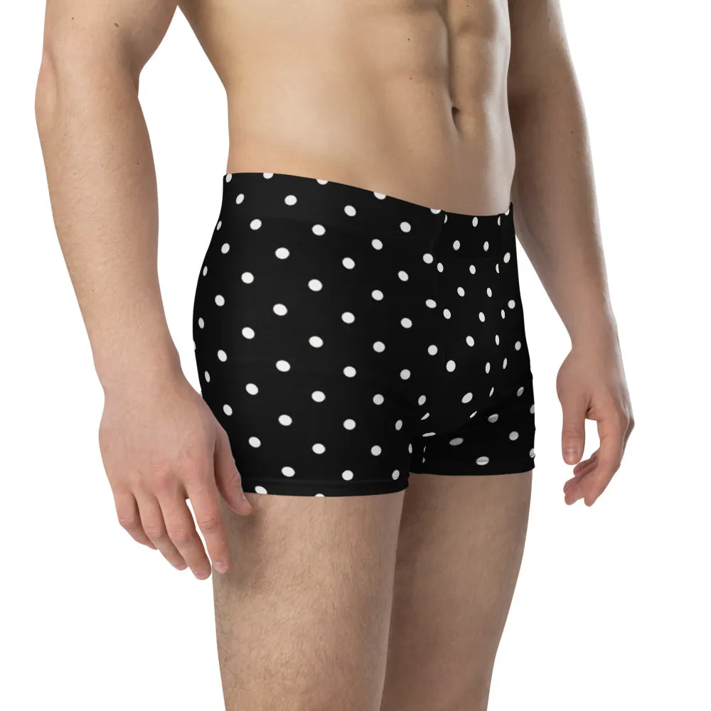 Black Polka Dots Boxer Briefs, Designer Mid-Rise Black and White Dotted Underpants Underwear For Men