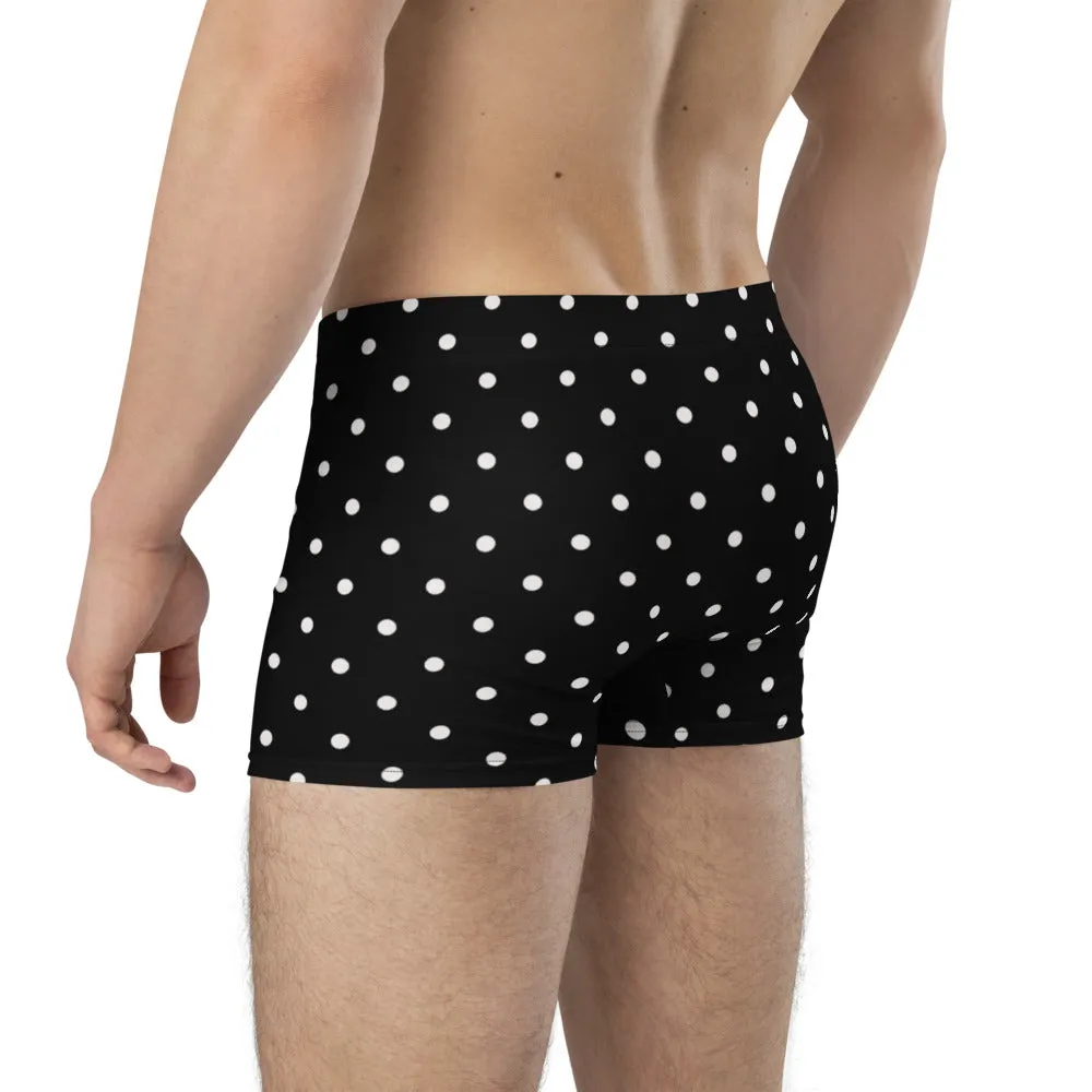 Black Polka Dots Boxer Briefs, Designer Mid-Rise Black and White Dotted Underpants Underwear For Men