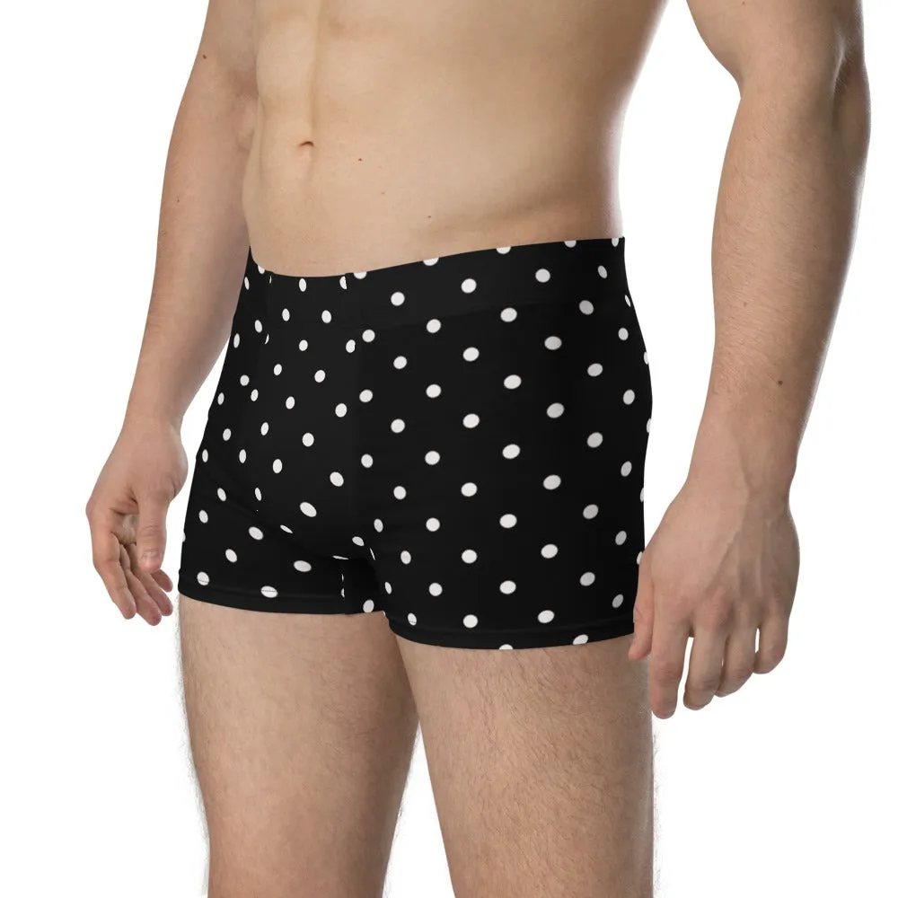 Black Polka Dots Boxer Briefs, Designer Mid-Rise Black and White Dotted Underpants Underwear For Men