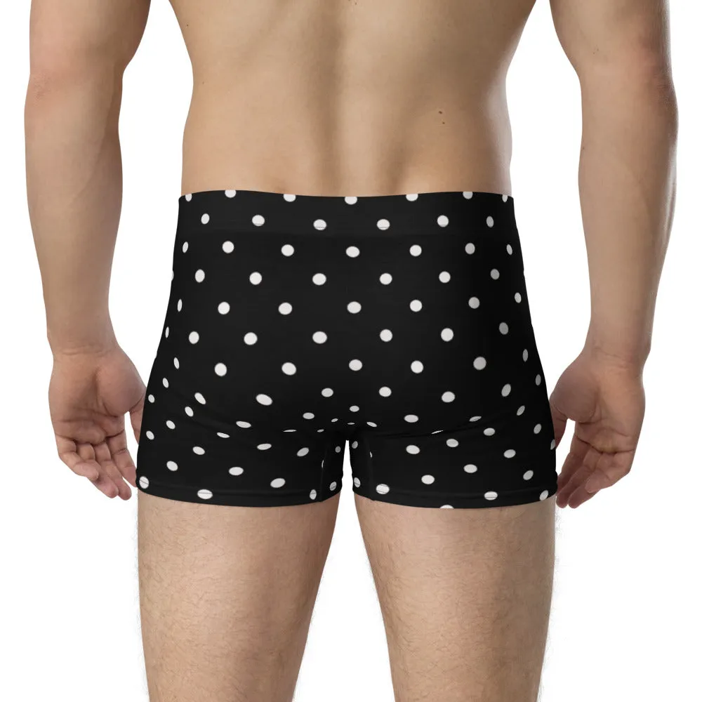 Black Polka Dots Boxer Briefs, Designer Mid-Rise Black and White Dotted Underpants Underwear For Men