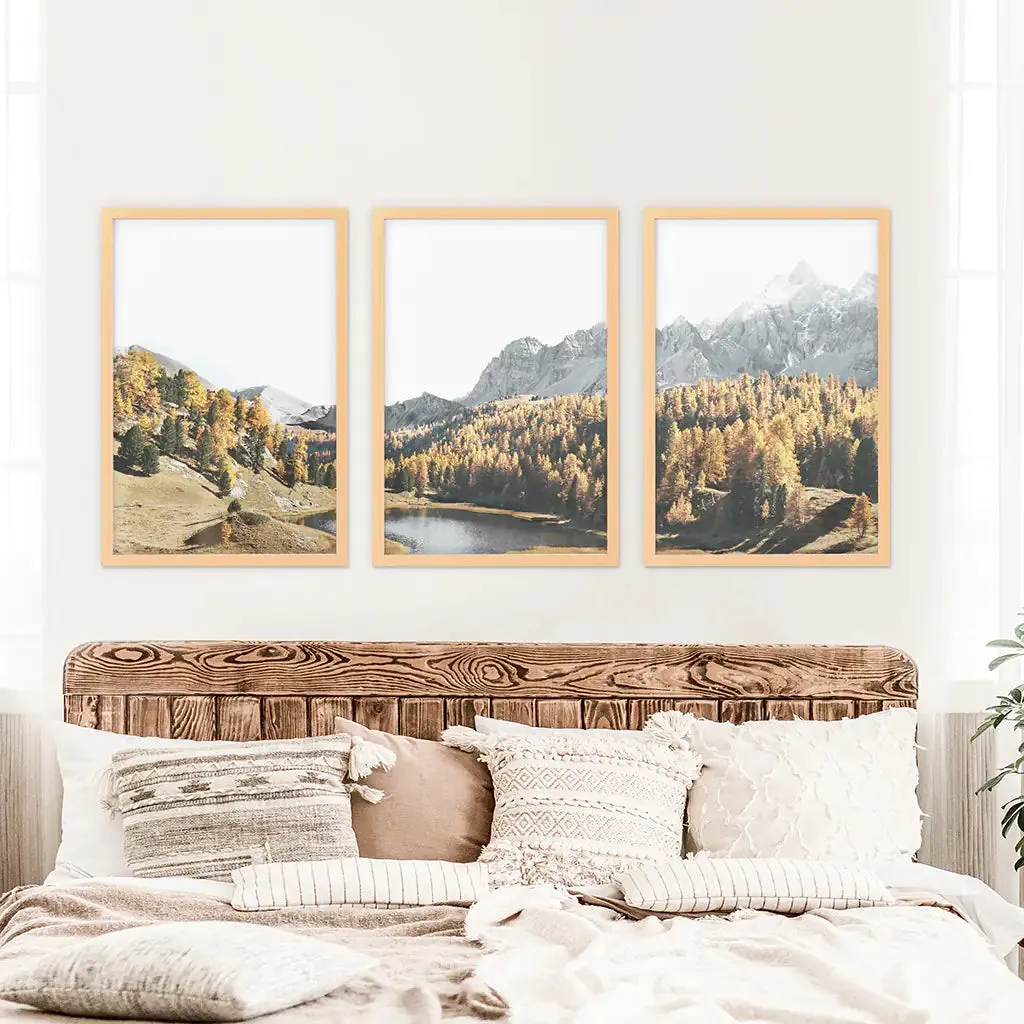 Brown Autumn Scenery. 3 Piece Mountain Lake, Forest Wall Art