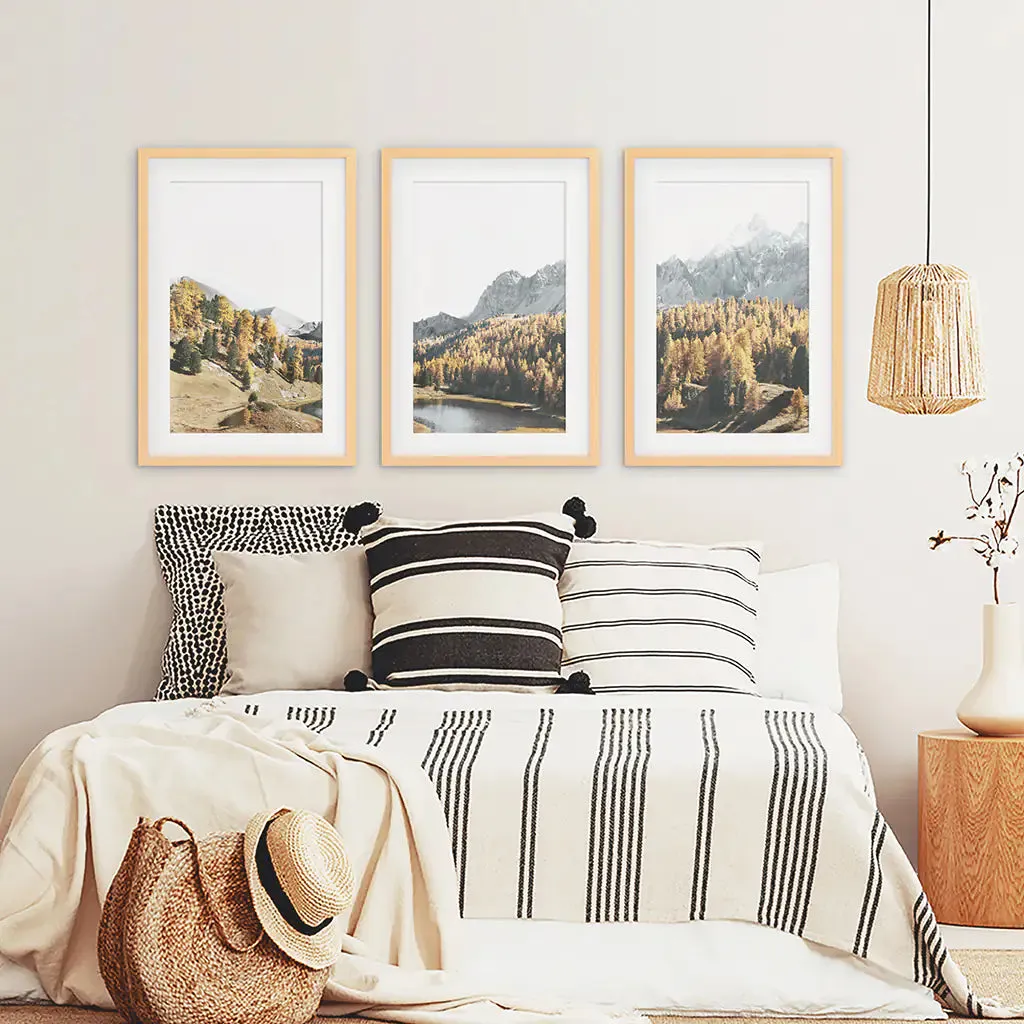 Brown Autumn Scenery. 3 Piece Mountain Lake, Forest Wall Art