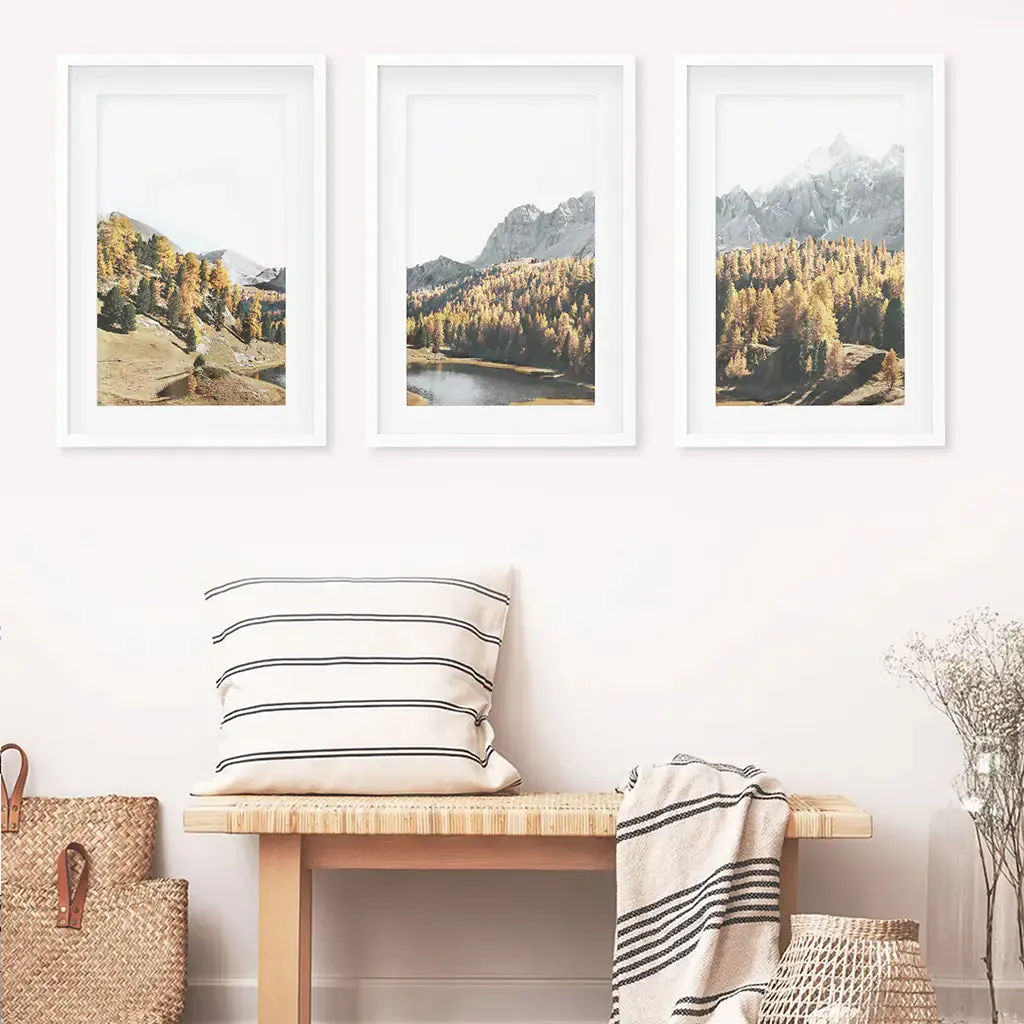 Brown Autumn Scenery. 3 Piece Mountain Lake, Forest Wall Art