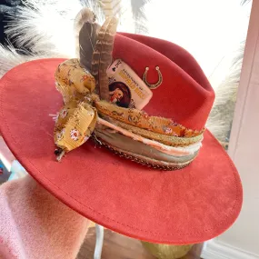 BURNED BRIMS FALL HAT WITH FEATHERS