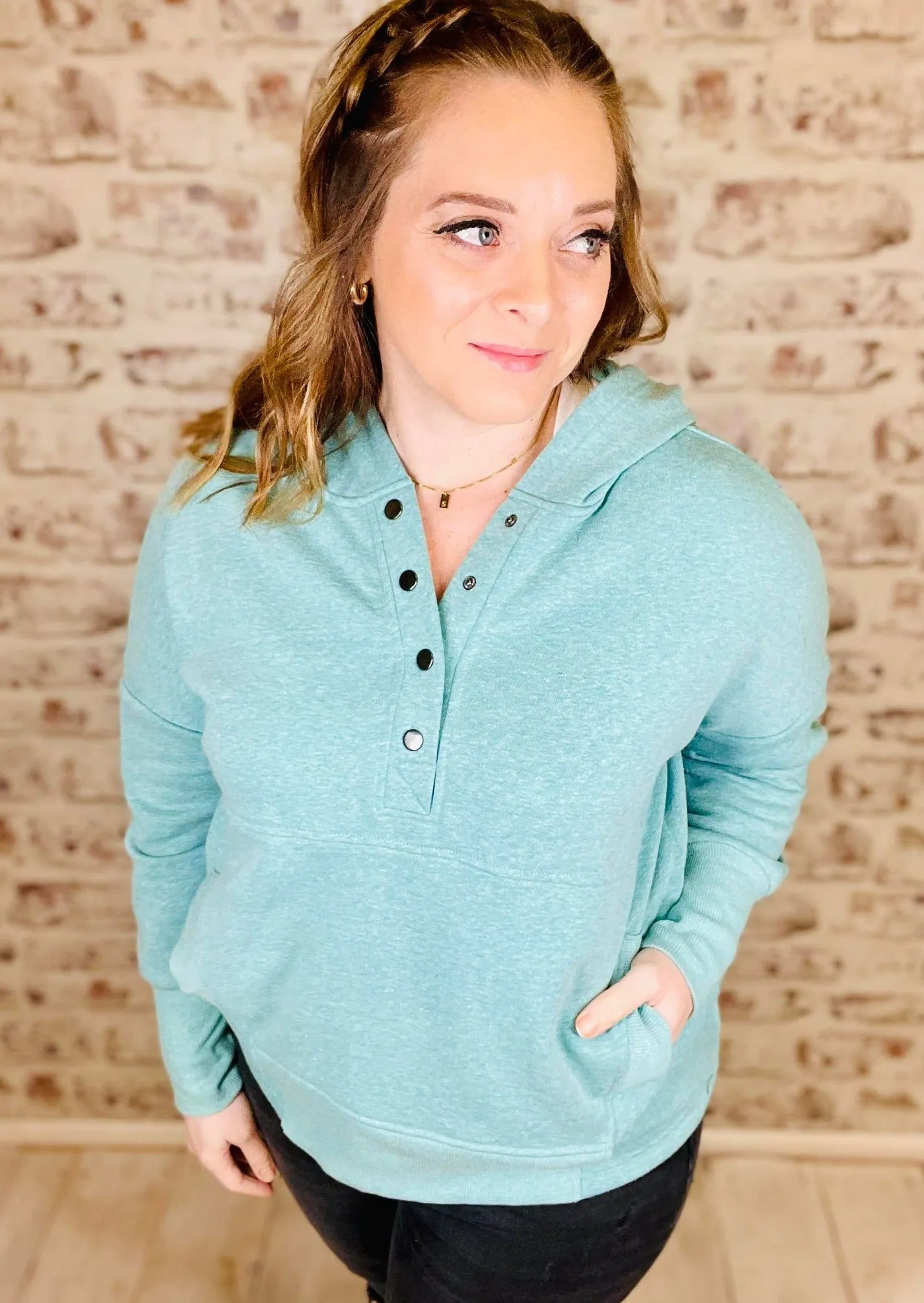 Teal Half Snap Hooded Pullover