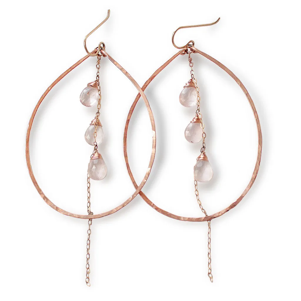 Teardrop Gemstone Fall Hoops - Rose Quartz