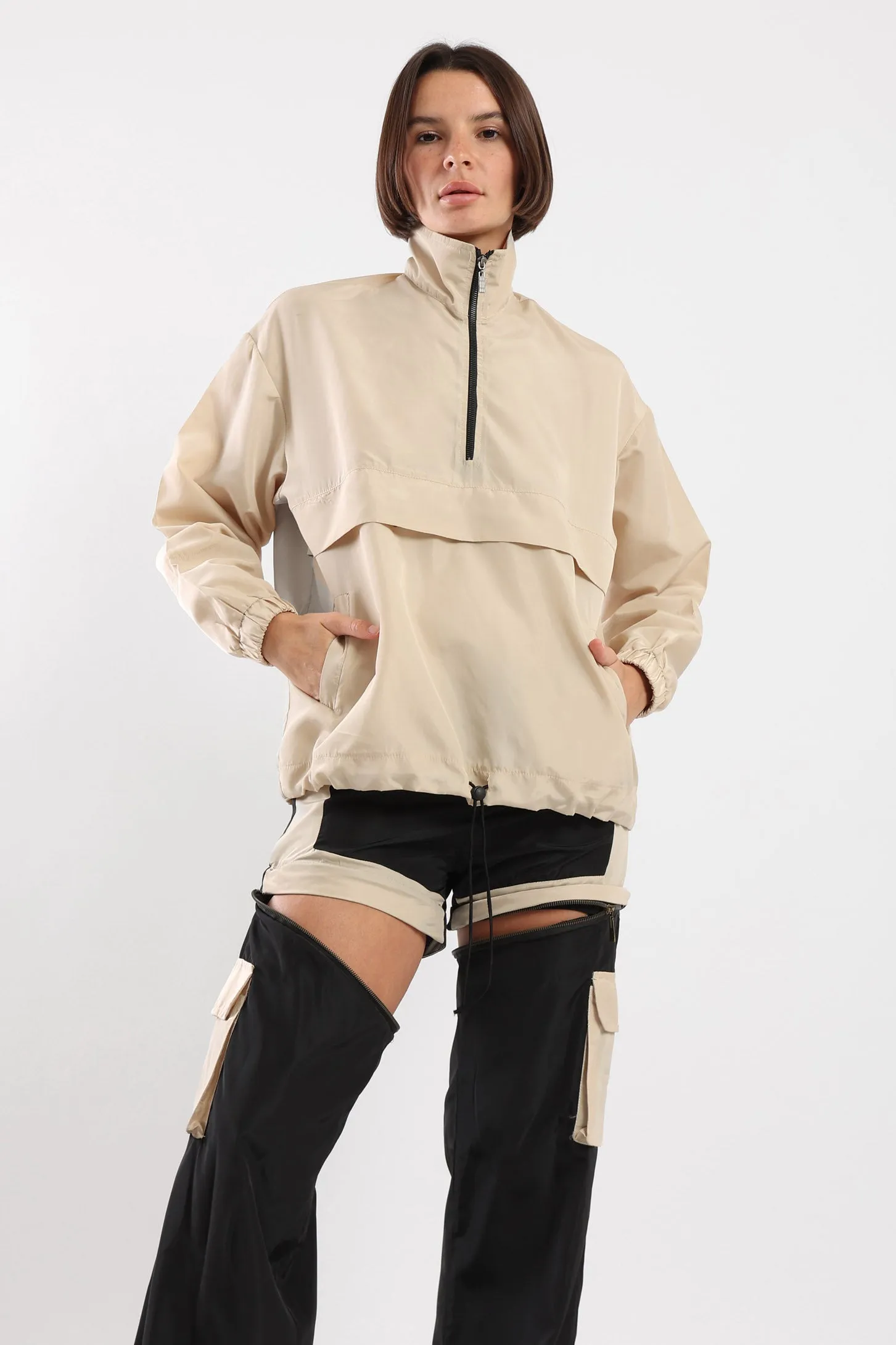 WINDBREAKER PARKA SWEATSHIRT - BEIGE