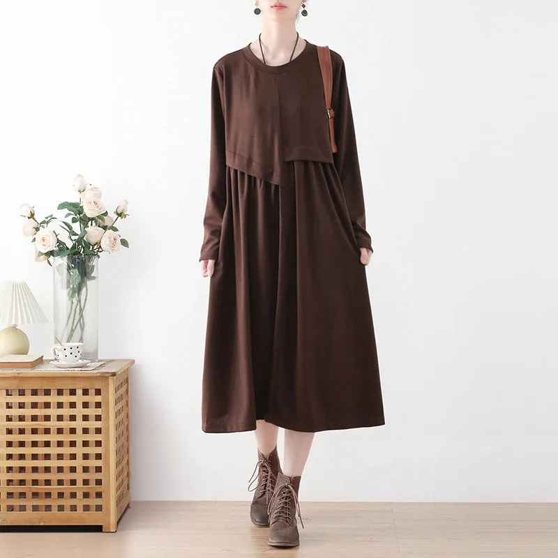 Women Autumn Cotton Solid Patchwork Dress