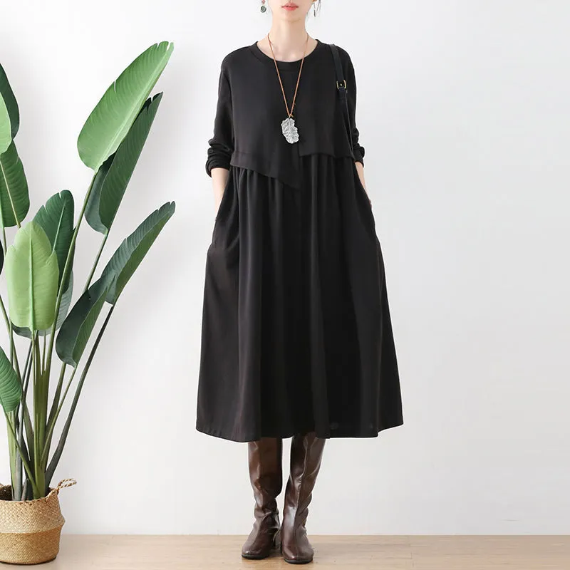 Women Autumn Cotton Solid Patchwork Dress